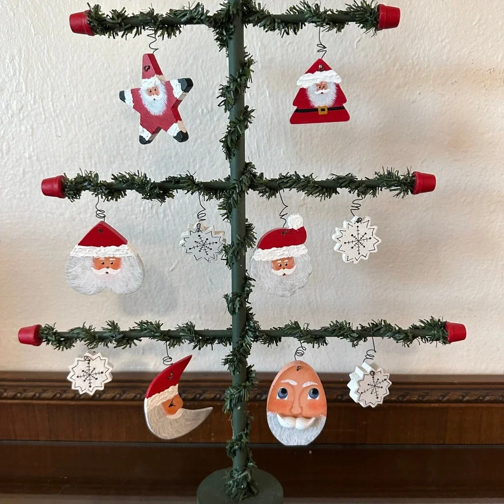 Vintage Wooden Christmas Feather Tree Tabletop Display with Santa Ornaments 17''